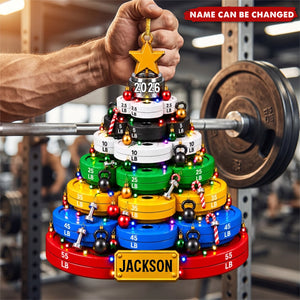 Personalized Weight Plate Acrylic Christmas Ornament, Custom Gym Name Barbell Decor, Fitness Lover Tree Keepsake Gift