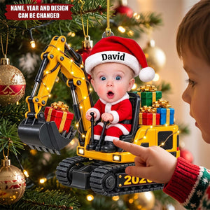 Personalized Excavator Christmas Acrylic Ornament, Custom Kid Photo Ornament