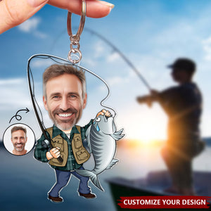 Custom Photo Fisherman Cartoon - Personalized Acrylic Keychain