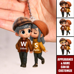 Fall Season Cute Cartoon Couple Walking Personalized Keychain