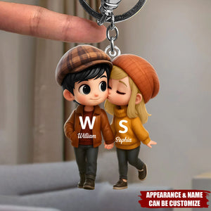Fall Season Cute Cartoon Couple Walking Personalized Keychain