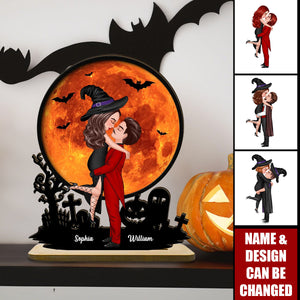 Couple Hugging Under Halloween Moon Personalized 2-Layer Wooden Plaque