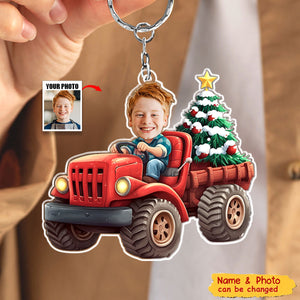 Kids Riding Red Truck With Christmas Tree - Personalized Acrylic Keychain