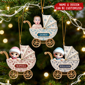 Baby Carriage Toile De Jouy - Personalized Acrylic Ornament, Baby's First Christmas Gift