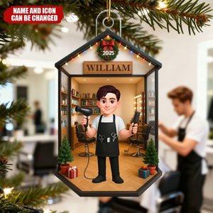 3D Effect Christmas Hair Salon Hairdresser Man Woman - Personalized Acrylic Ornament, Gift For Hairdressers