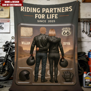 Custom Figure Couple Bikers Riding Partners For Life - Personalized blanket