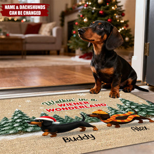 Dachshunds Walking In A Wiener Wonderland - Personalized Doormat - Unique Christmas Gift For Dachshunds Lovers