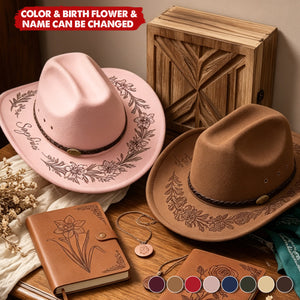 Custom Birth Flower & Name For Her, Cowgirls, Western Style - Personalized Cowboy Hat
