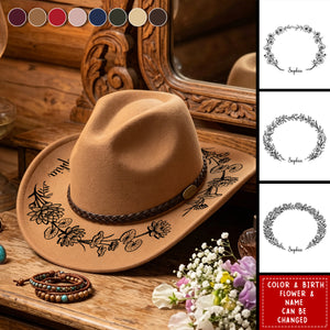 Custom Birth Flower & Name For Her, Cowgirls, Western Style - Personalized Cowboy Hat