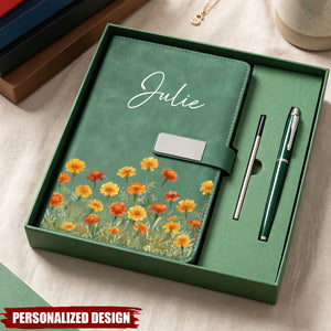 Custom Birth Flower & Name For Her, Wife, Daughter, Sister - Personalized Notebook Set