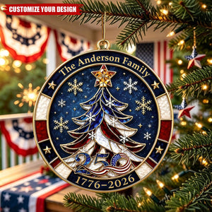 Personalized 250th Anniversary Ornament 1776-2026, American Flag Christmas Tree Decor, Custom Family Name Patriotic Holiday Gift