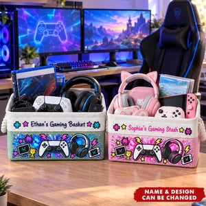 Gaming Basket For Son, Daughter Custom With Name - Personalized Storage Basket