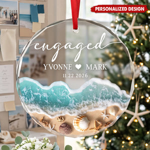 Personalized Beach Engaged Ornament , Engagement Gift, First Christmas Engaged Gift