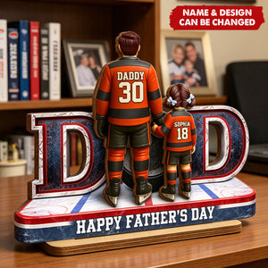 Hockey Dad And Kids Together - Personalized 2-Layered Wooden Plaque - Heartfelt Gift For Hockey Dad, Gift For Husband