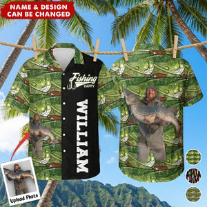 Custom Photo Bass Fish Fishing Makes Me Happy - Custom Photo Hawaiian Shirt