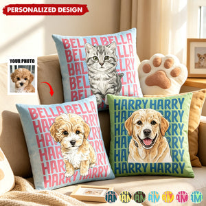 Custom Pet Portrait With Name Watercolor Style - Personalized Pillow