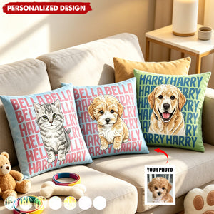 Custom Pet Portrait With Name Watercolor Style - Personalized Pillow