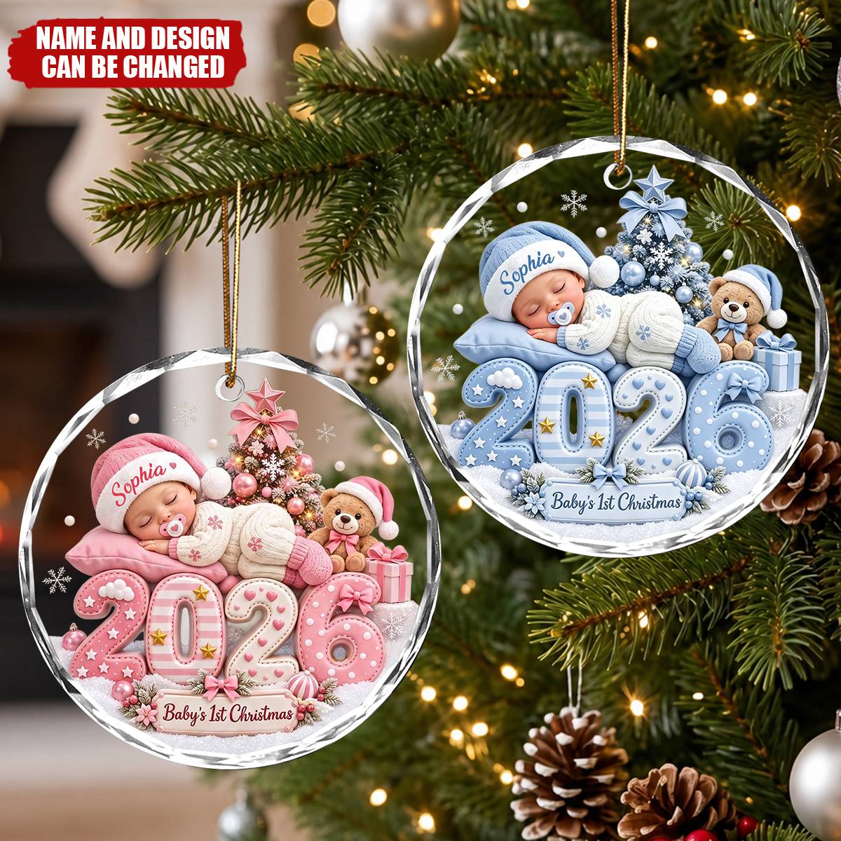 Personalized Baby's First Christmas Glass Ornament, Custom Baby Name 2026 Ornament