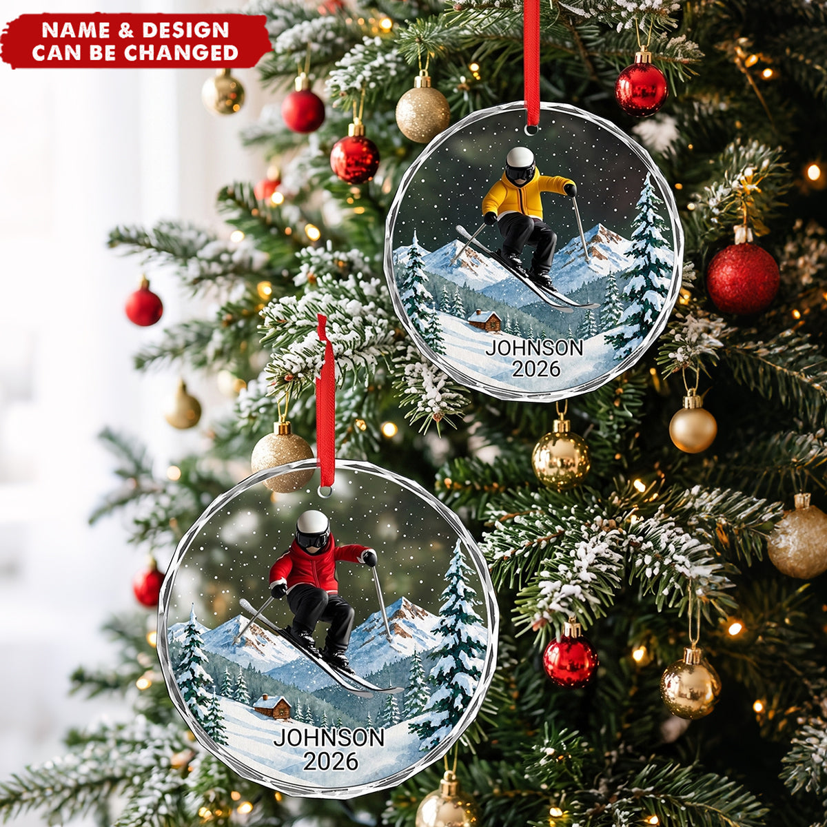 Personalized Skiing Glass Ornament, Custom Skier Christmas Ornament