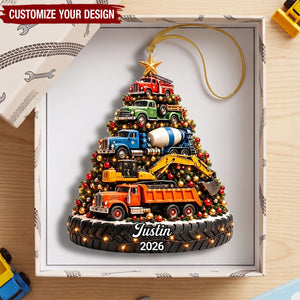 Personalized Christmas Excavator Ornament, Kids Construction Truck Christmas Tree Ornament