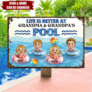 Life is Better at Grandma & Grandpa Pool Personalized Metal Sign, Grandchildren Welcome Sign
