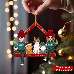 Cute Couple Sitting With Dogs Cats Personalized Acrylic Ornament