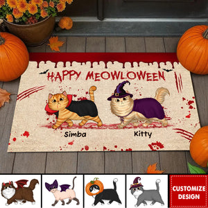Happy Meowloween Spooky Walking Cat Personalized Doormat, Halloween Decor