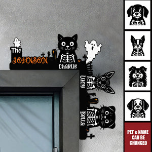 Halloween Skeleton Pet With Custom Family Name - Personalized Door Corner Wood Sign