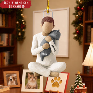 Woman Hugging Cat - Personalized Wooden Ornament - Christmas Gift For Cat Lovers