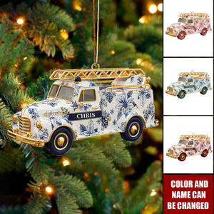 Personalized Gifts For Christmas, Fire Truck Firefighter Toile de Jouy Custom Shape Acrylic Ornament