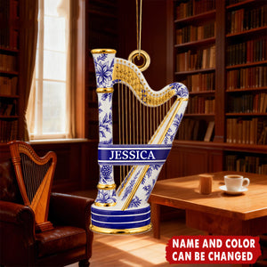 Harp Toile de Jouy Ornament - Personalized Gift For Music Lovers