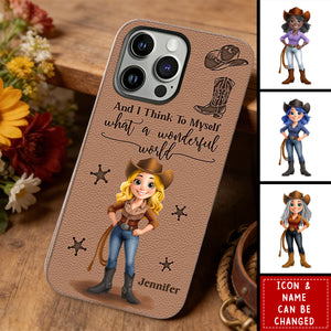 Cowgirl What A Wonderful World - Personalized Cowgirl Leather Phone Case