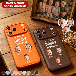Custom Photo Leather Phone Case This Daddy Belongs To - Personalized Gift For Dad, Grandpa