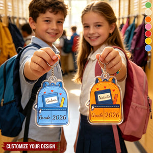 Personalized Cute Backpack Acrylic Keychain with Name and Year Back to School First Day of School Gift for Kids Students