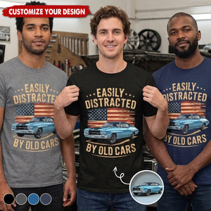 Custom Photo Easily Distracted by Old Cars Classic Car Guy Funny Vintage Dark Shirt