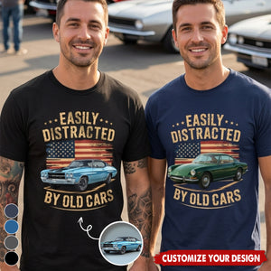 Custom Photo Easily Distracted by Old Cars Classic Car Guy Funny Vintage Dark Shirt