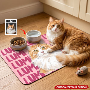 Personalized Hand-Painted Watercolor Photo Cat Dog Food Mat with Name Pet Supplies Birthday Gift for Pet Owners Lovers