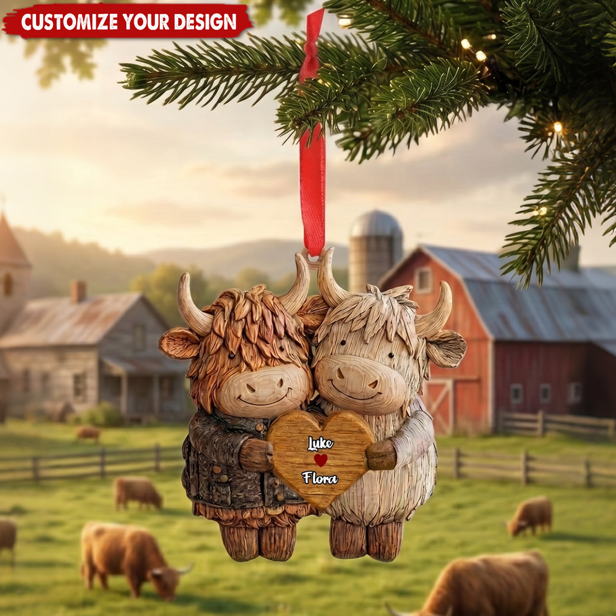 Personalized Highland Cow Love Acrylic Ornament -Custom Anniversary Gift for Couple