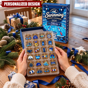 Personalized Swimming Christmas Advent Calendar 2026, 24 Pocket Christmas Ornaments, Gift For Swimmer