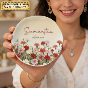 Custom Name Watercolor Birth Month Flower - Personalized Jewelry Dish
