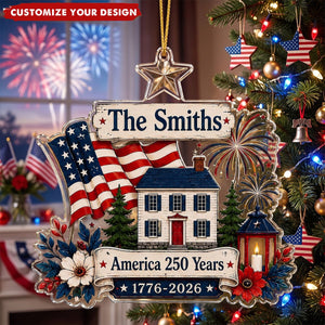 Custom Family Name Patriotic Ornament - Personalized USA 250th Anniversary Acrylic Ornament