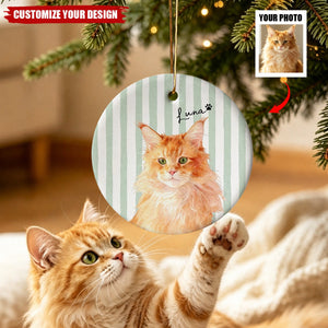 Custom Pet Photo Name Striped Circle Keepsake - Personalized Ceramic Pet Ornament