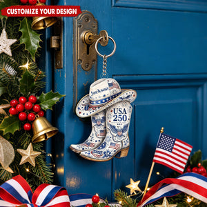 Custom Patriotic Cowboy Boot Keychain, USA 250 4th of July Gift - Personalized Acrylic Keychain