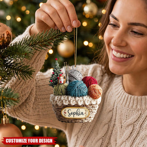 Personalized Knitting Basket Acrylic Christmas Ornament – Gift for Knitters & Crochet Lovers