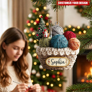 Personalized Knitting Basket Acrylic Christmas Ornament – Gift for Knitters & Crochet Lovers