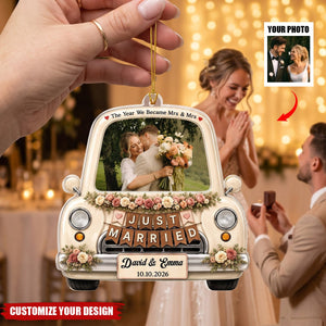 Personalized Couple Photo Acrylic Ornament, Custom Just Married Wedding Car Keepsake