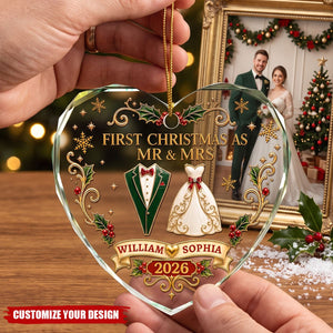 Personalized Heart Shaped Glass Ornament - First Christmas As Mr. & Mrs. Vintage