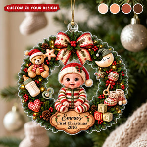 Personalized Baby 1st Christmas Acrylic Wreath Ornament, Custom Baby Name Christmas Keepsake