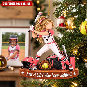 Personalized Softball Girl Acrylic Ornament, Custom Name Player Christmas Gift