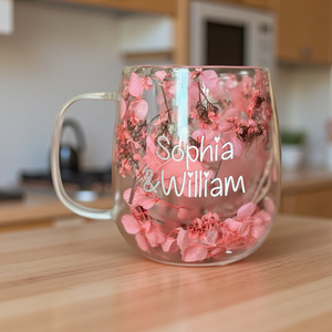 Insulated Layer Dried Flowers Personalized Double Walled Glass Coffee Mug With Handle